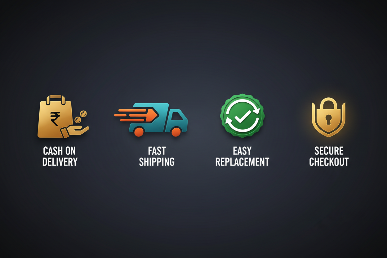 Trust badges showing Cash on Delivery, Fast Shipping, Easy Replacement, and Secure Checkout