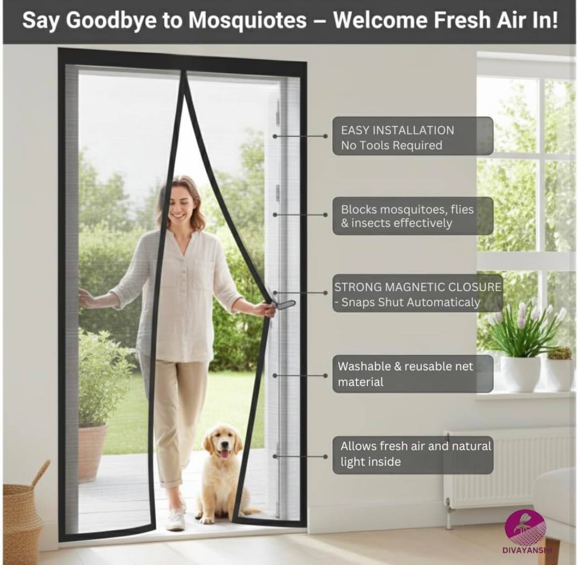 Magnetic Mosquito Screen Door Curtain | Auto-Close Mesh | No Drilling | Fresh Air Protection